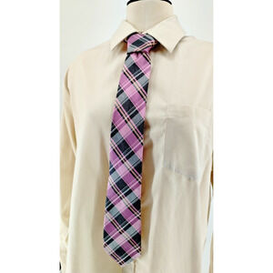 Michael Kors Men's Necktie Pink Plaid Silk and Linen Length 57 6/8 Wide 3 3/8